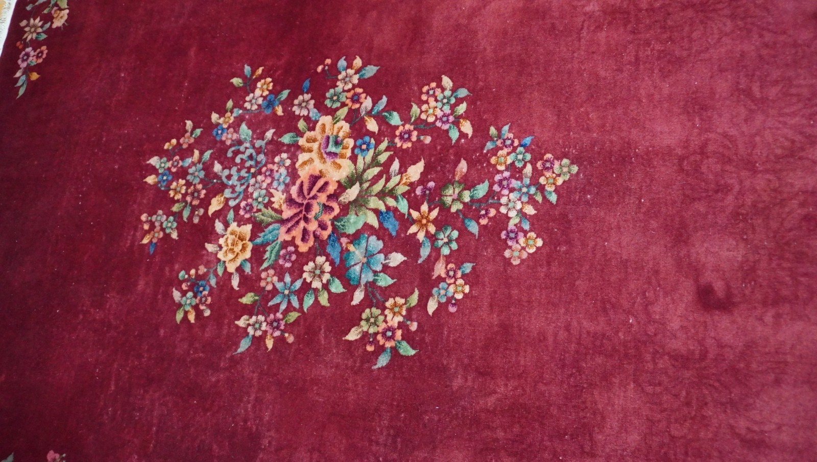 8′ x 9’6″ Antique Art Deco Chinese Hand Knotted Wool Red Floral Oriental Rug