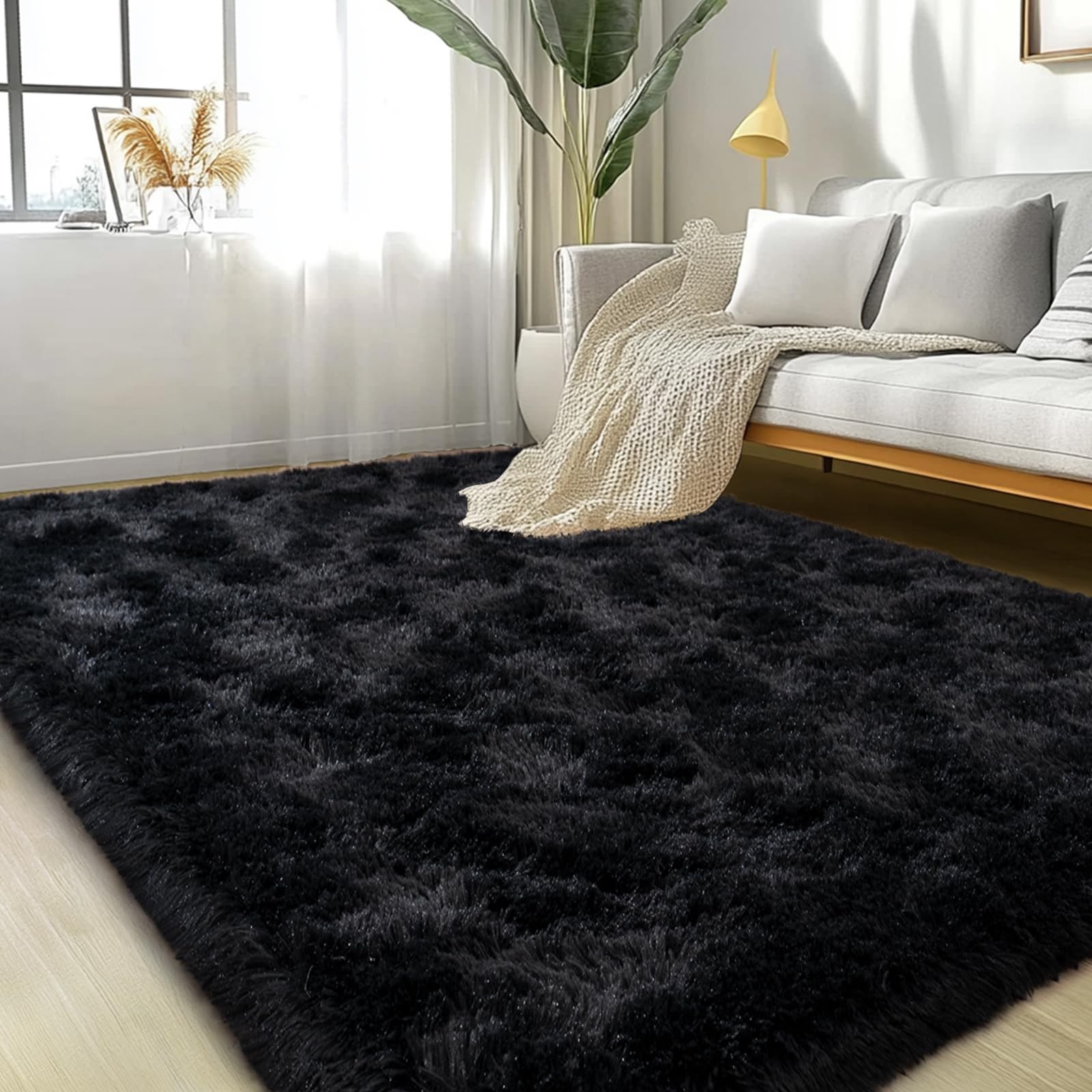 Large Area Rugs for Living Room Bedroom, 5×7 Feet Black Fluffy Shag Rugs, Ultra