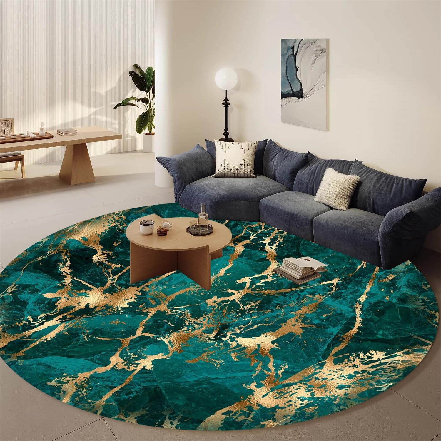 Marble Texture Emerald Green Gold Round Area Rug for Living Room Bedroom Gues…