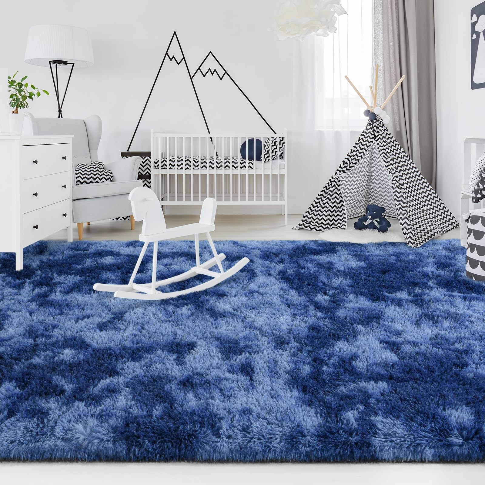 Flydoit 6X9 Feet Large Area Rugs For Living Room Tie-Dyed Navy Blue Shaggy Rug