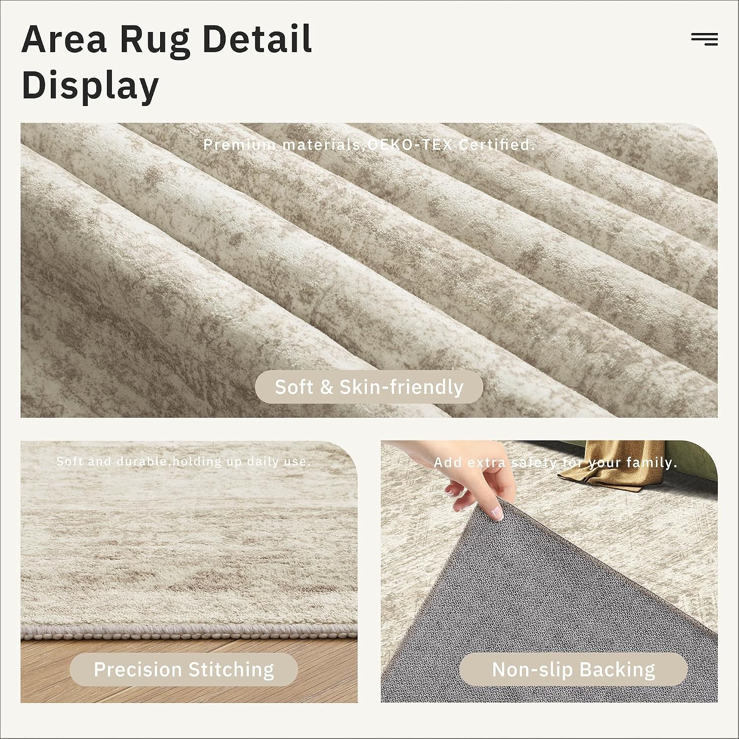 Pet-Friendly 5×7 Low Pile Area Rug – Elegant Beige Geometric Design