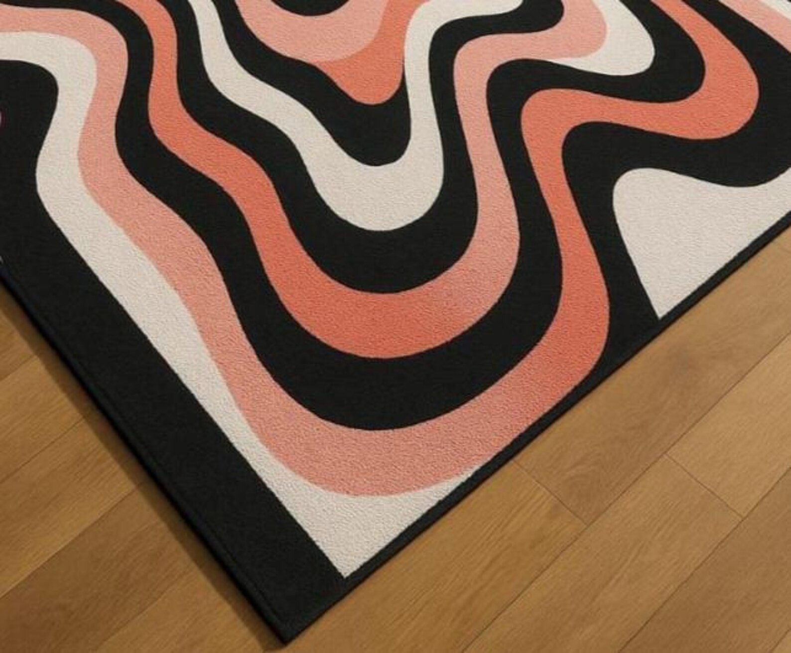 Psychedelic Wavy Area Rug: Retro Trippy Pink Black White Carpet