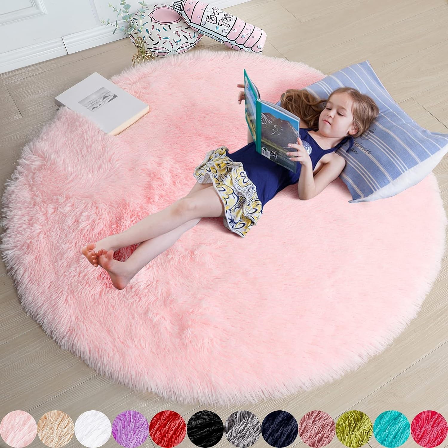Kawaii Light Pink Round Carpet 4Ft – Stylish Shaggy Area Rug for Nurseries