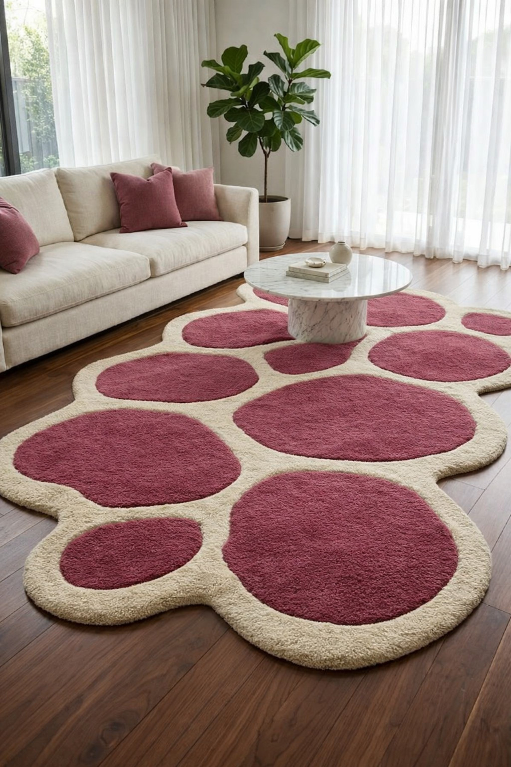 Soft shaggy abstract rug cream and rose pink stone pattern floor carpet.