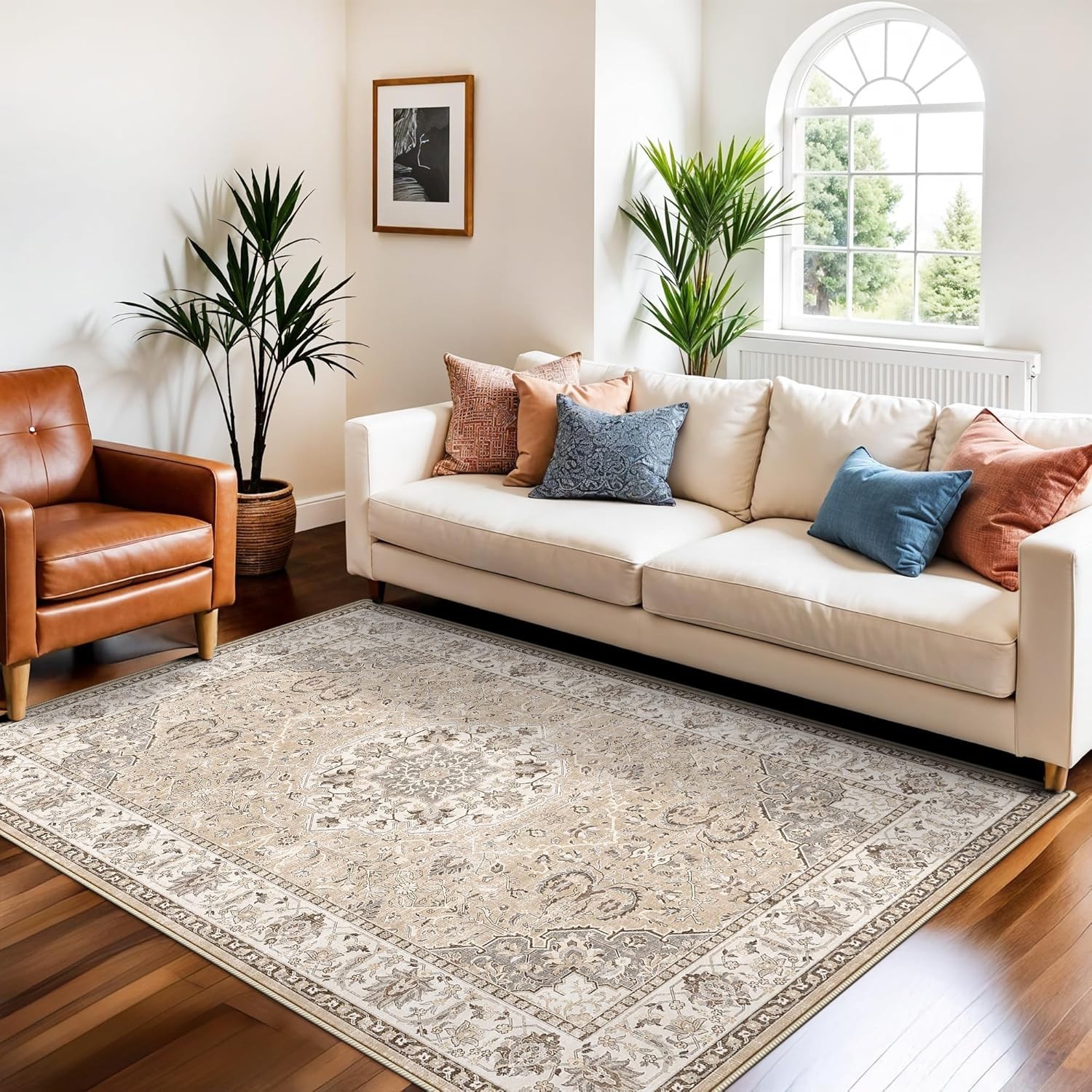 Soft Low-Pile 4×6 Area Rug – Vintage Beige Non-Slip for High-Traffic Spaces