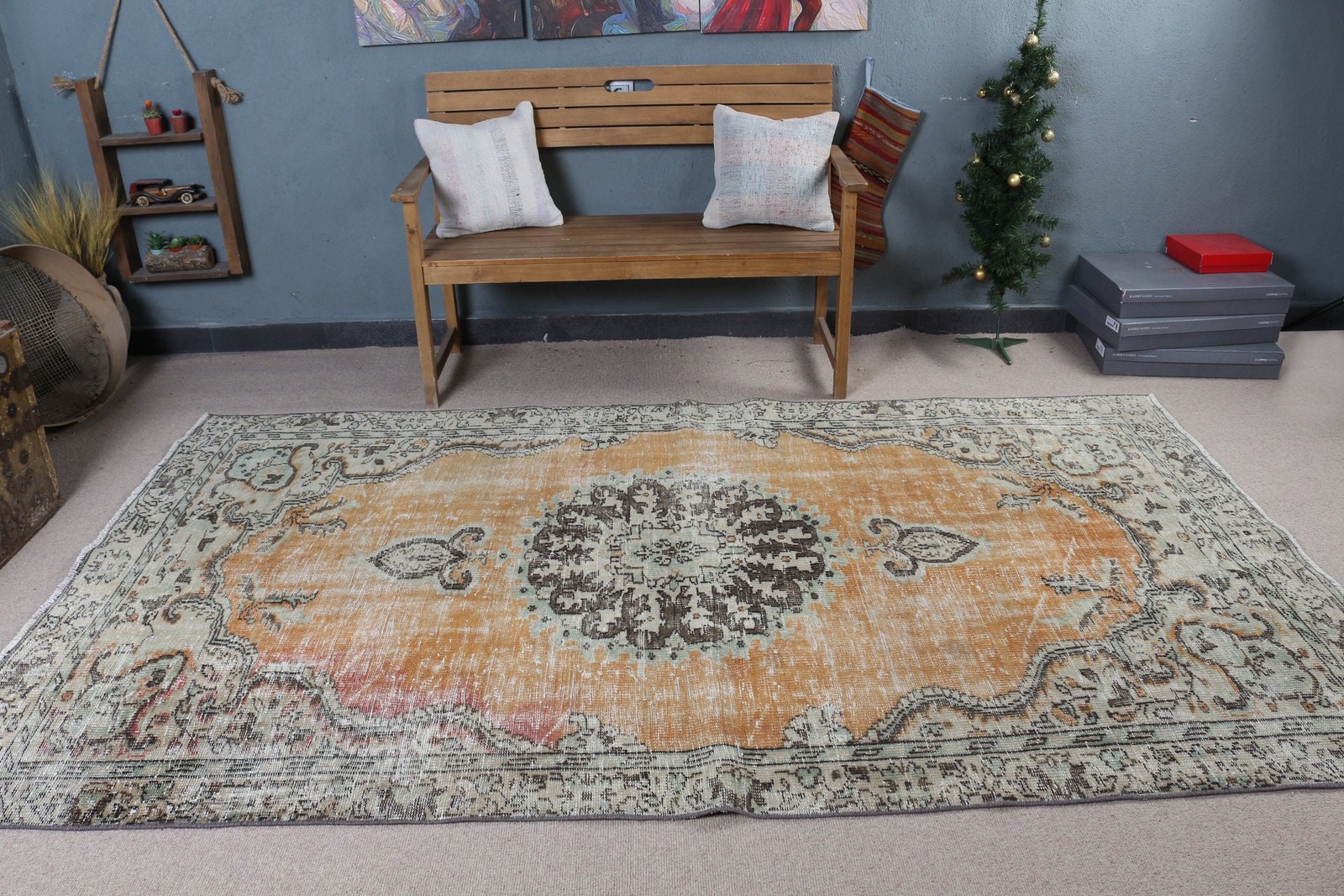 5,2×9,2 ft Rug, Large Turkish Rug, Orange Floral Rug