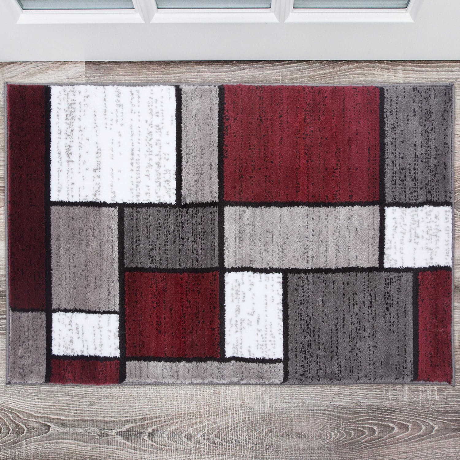 Modern Geometric Boxes Red Area Rug NonShedding Carpet 2×3 Ft