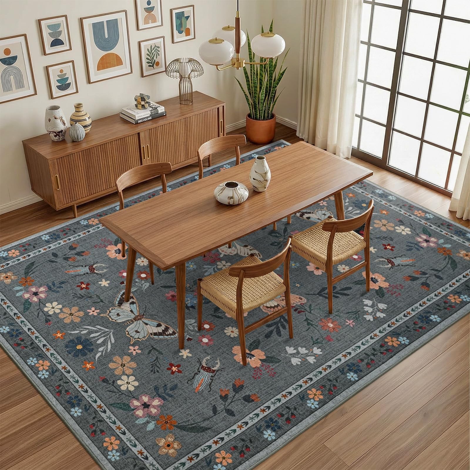 5×7 Area Rugs for Living Room Bedroom, Washable Butterfly Floral Insect Print…