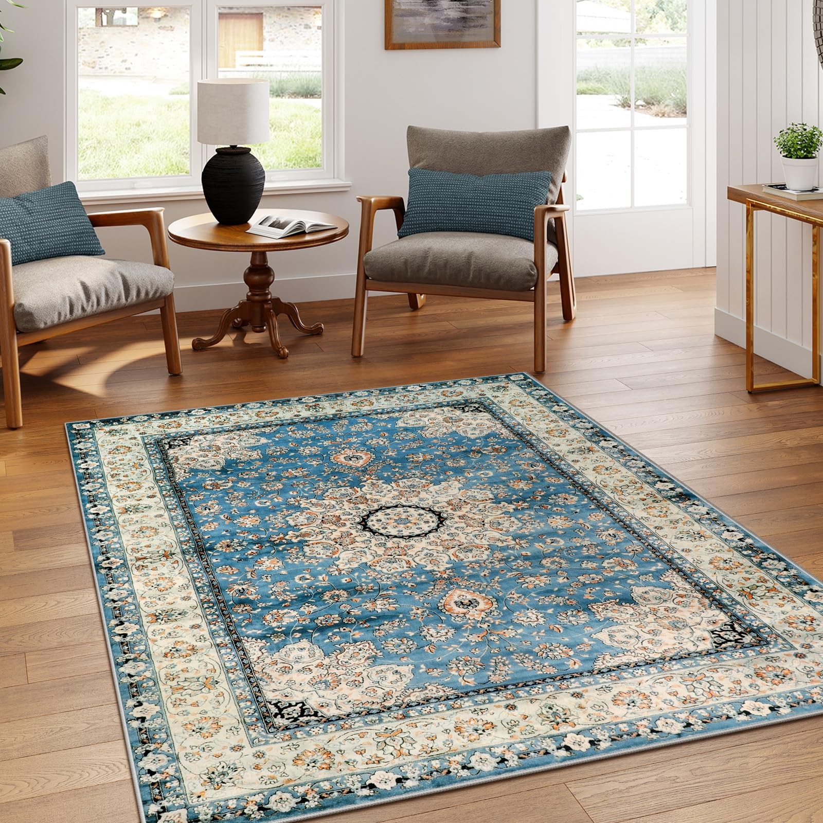 Felice Oriental Floral Medallion Area Rug – 5×7 Large Blue Distressed Living