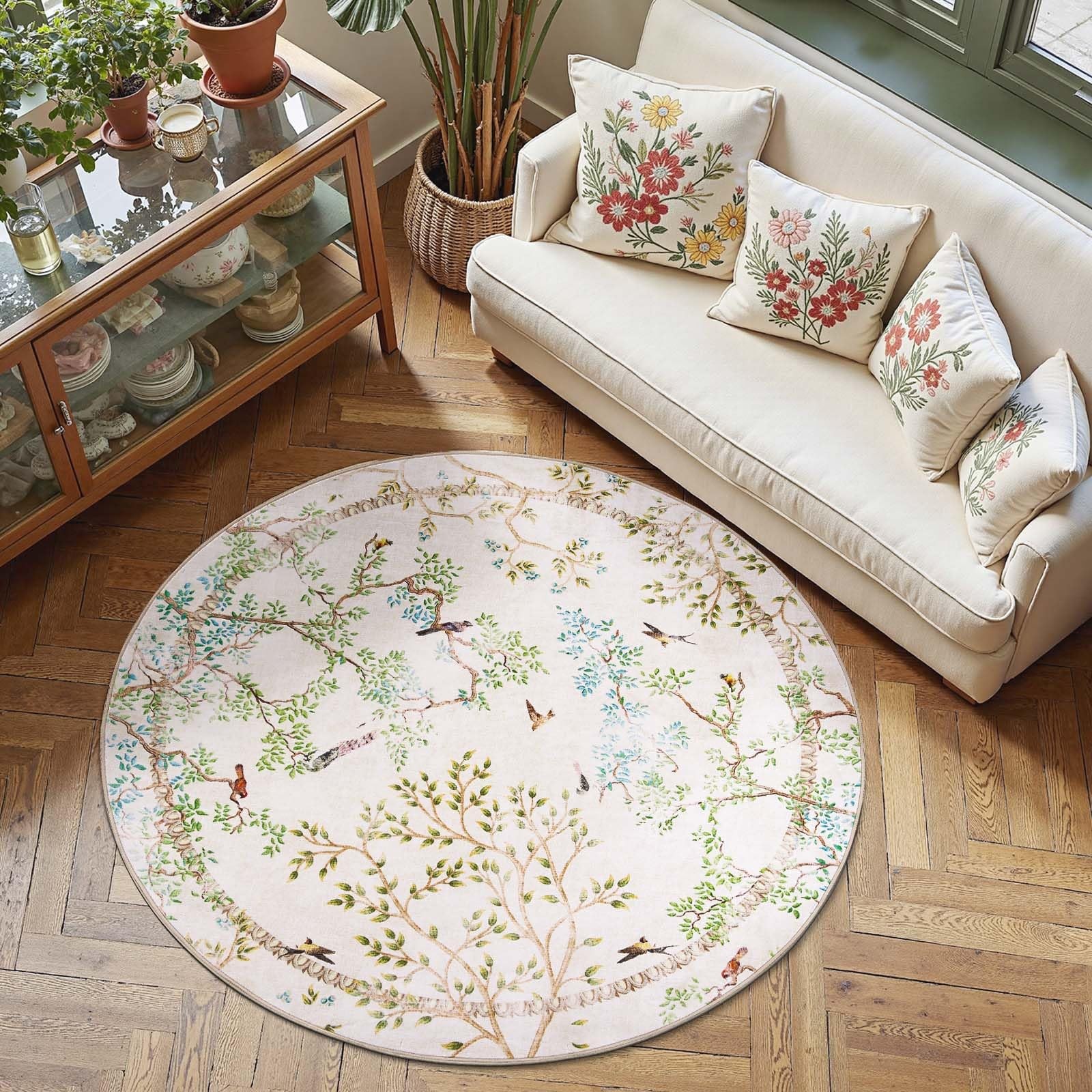 Yarden Round Rugs 6ft Ivory Botanical Birds Print Machine Washable 6′ Circle …