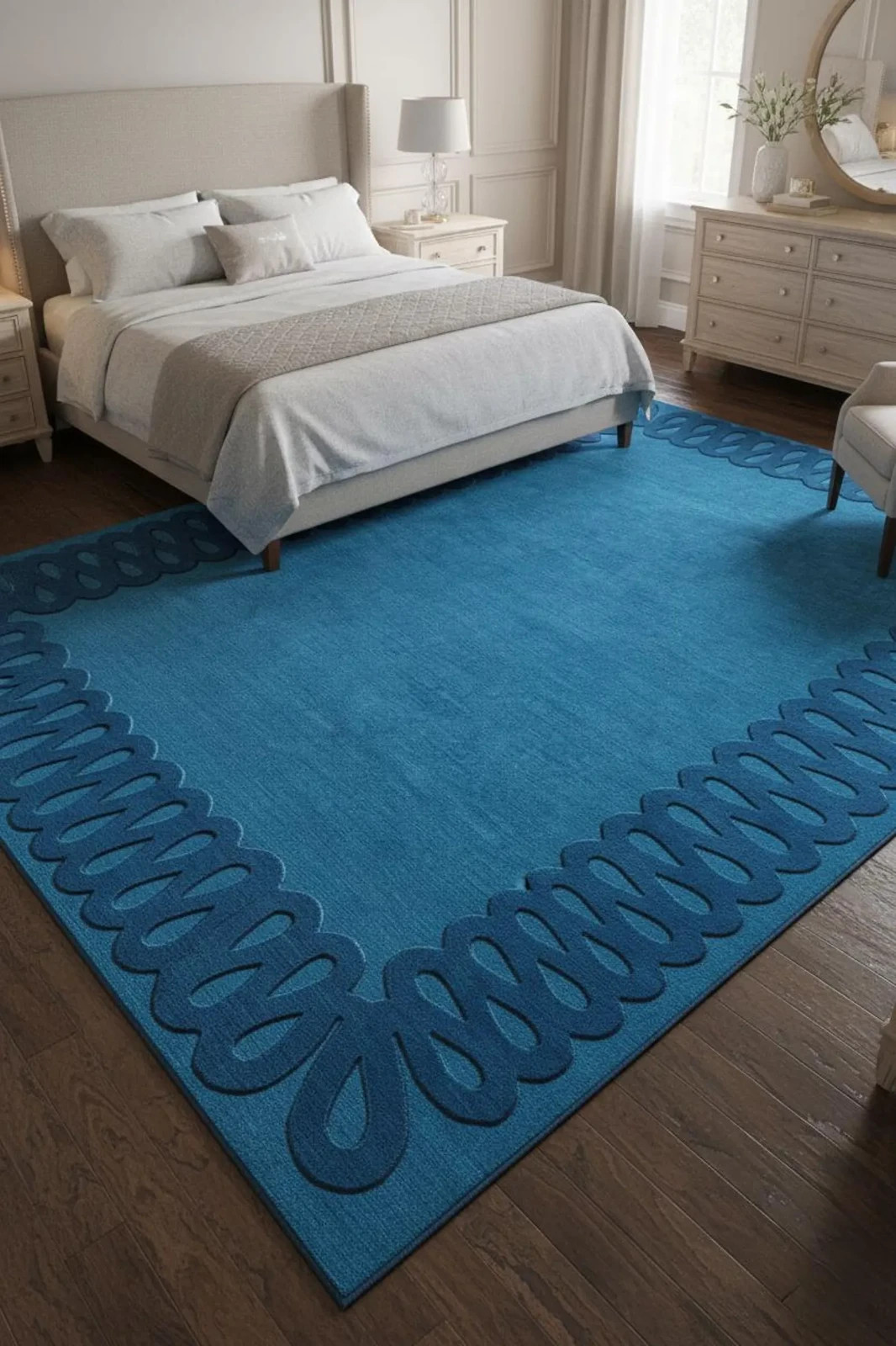 Blue Hand Tufted Wool Rug, Modern Sculpted Border Carpet, Luxury Bedroom Living