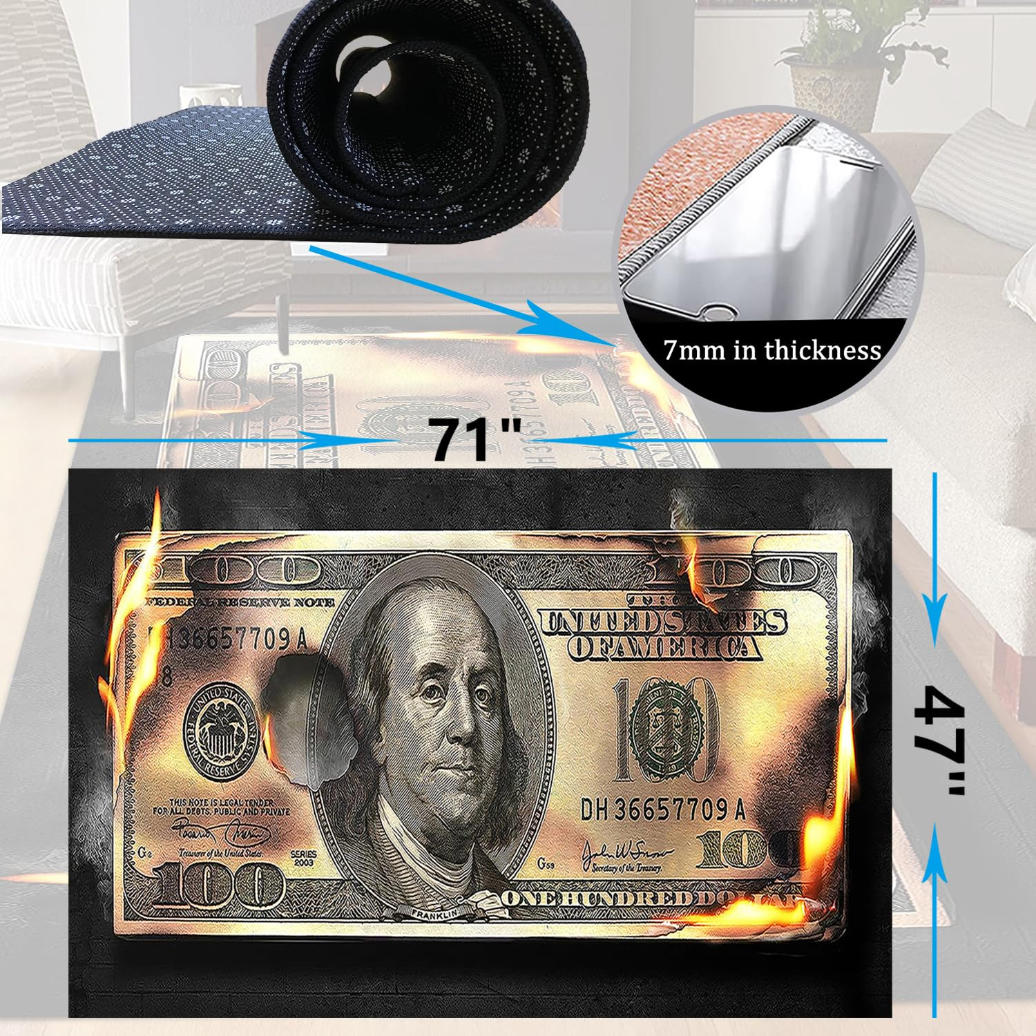 Money Area Rug 4×6 Burning 100 Dollar Bill Living Room Rugs Non Skid Modern C…