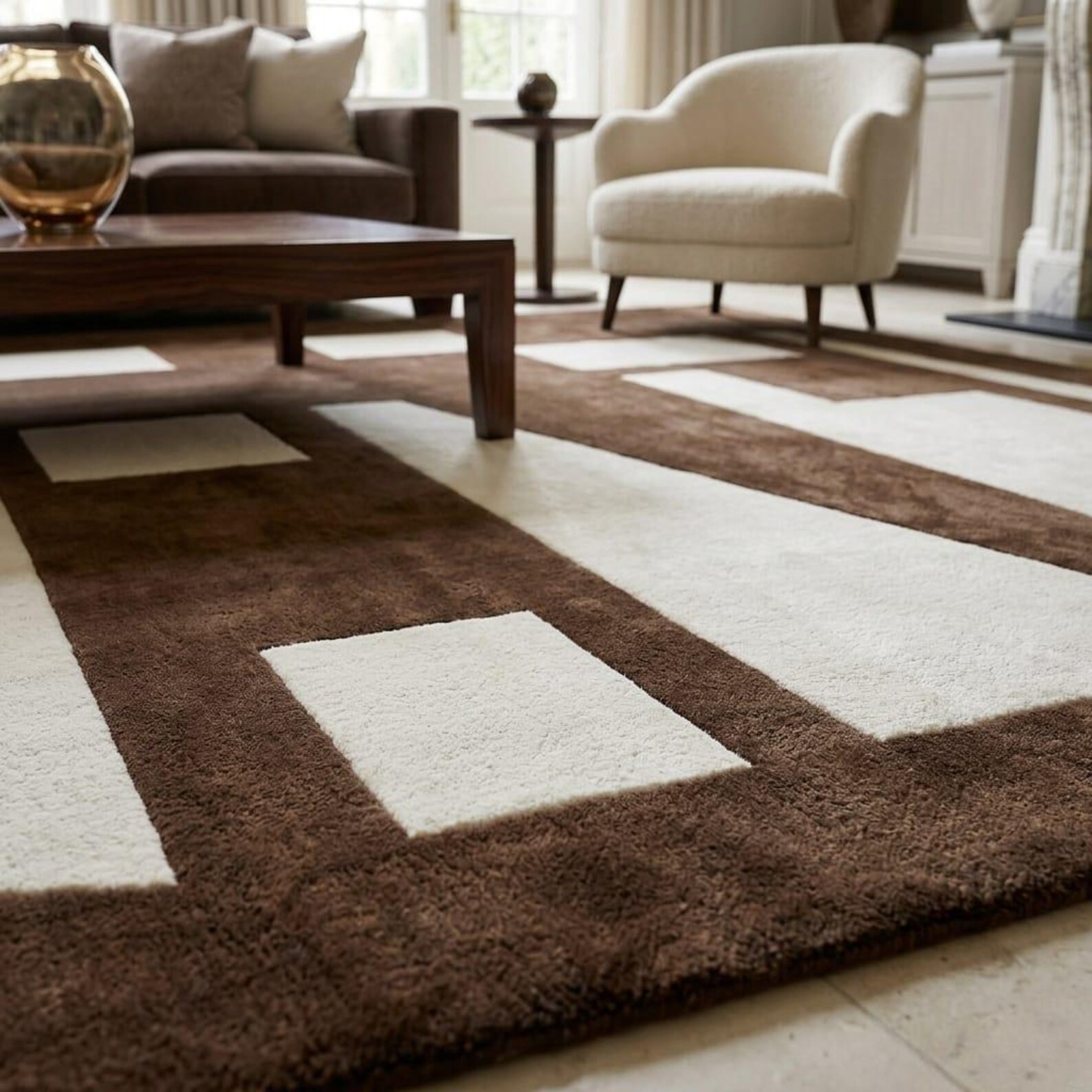 Modern Abstract Brown Wool Rug Cream Geometric Hand Tufted Living Room Carpet