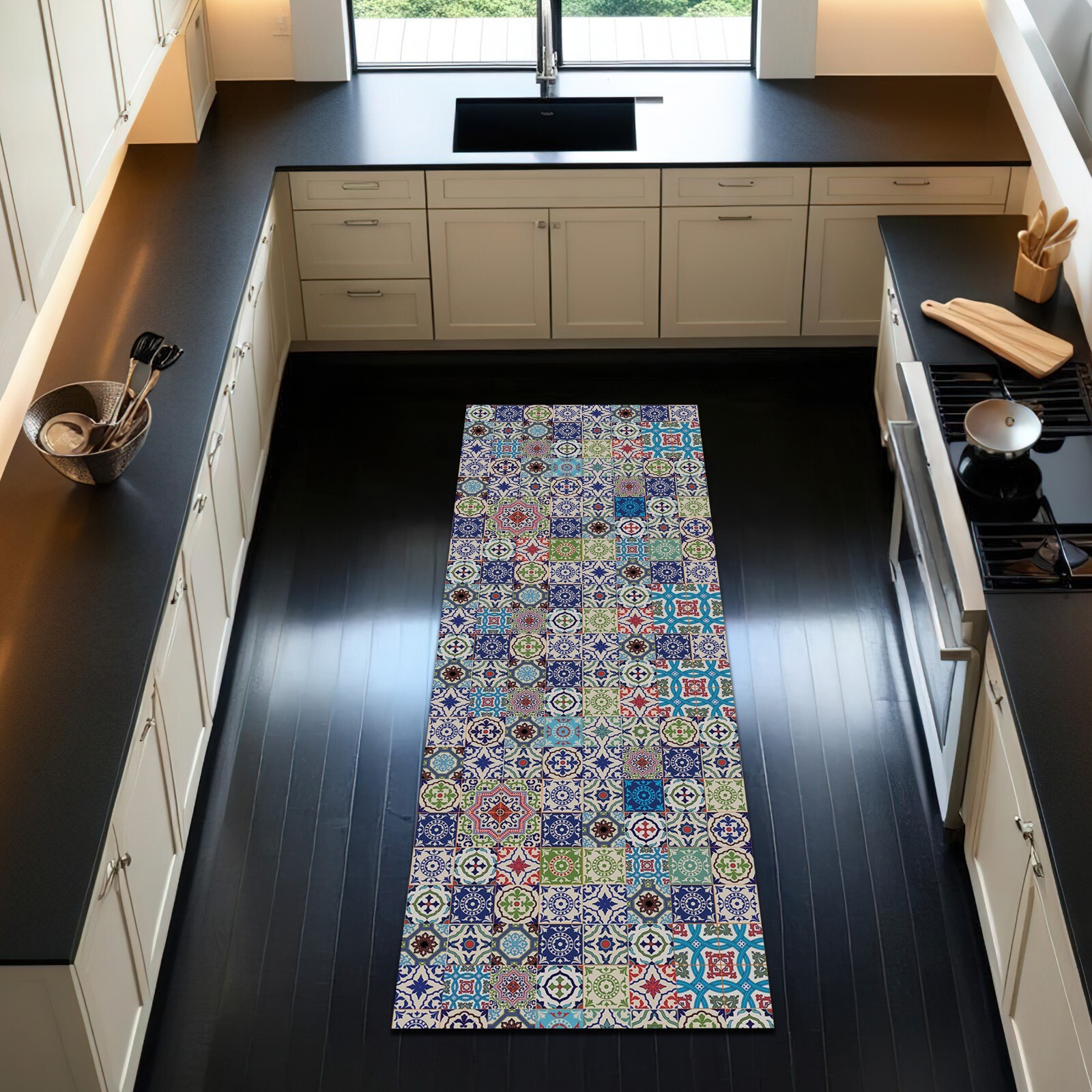 Mosaic Tile Pattern Modern Kitchen Runner Rug Bohemian Ceramic Decor