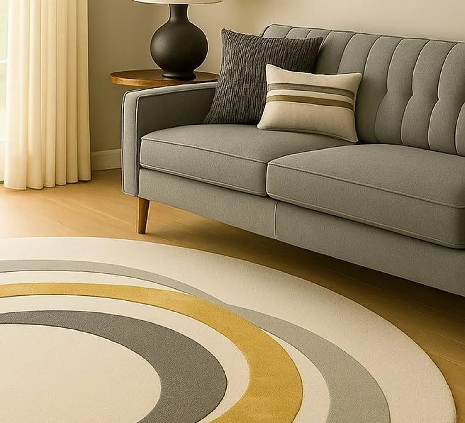 Hand-Tufted Wool Round Rug | Gold & Grey Geometric Design