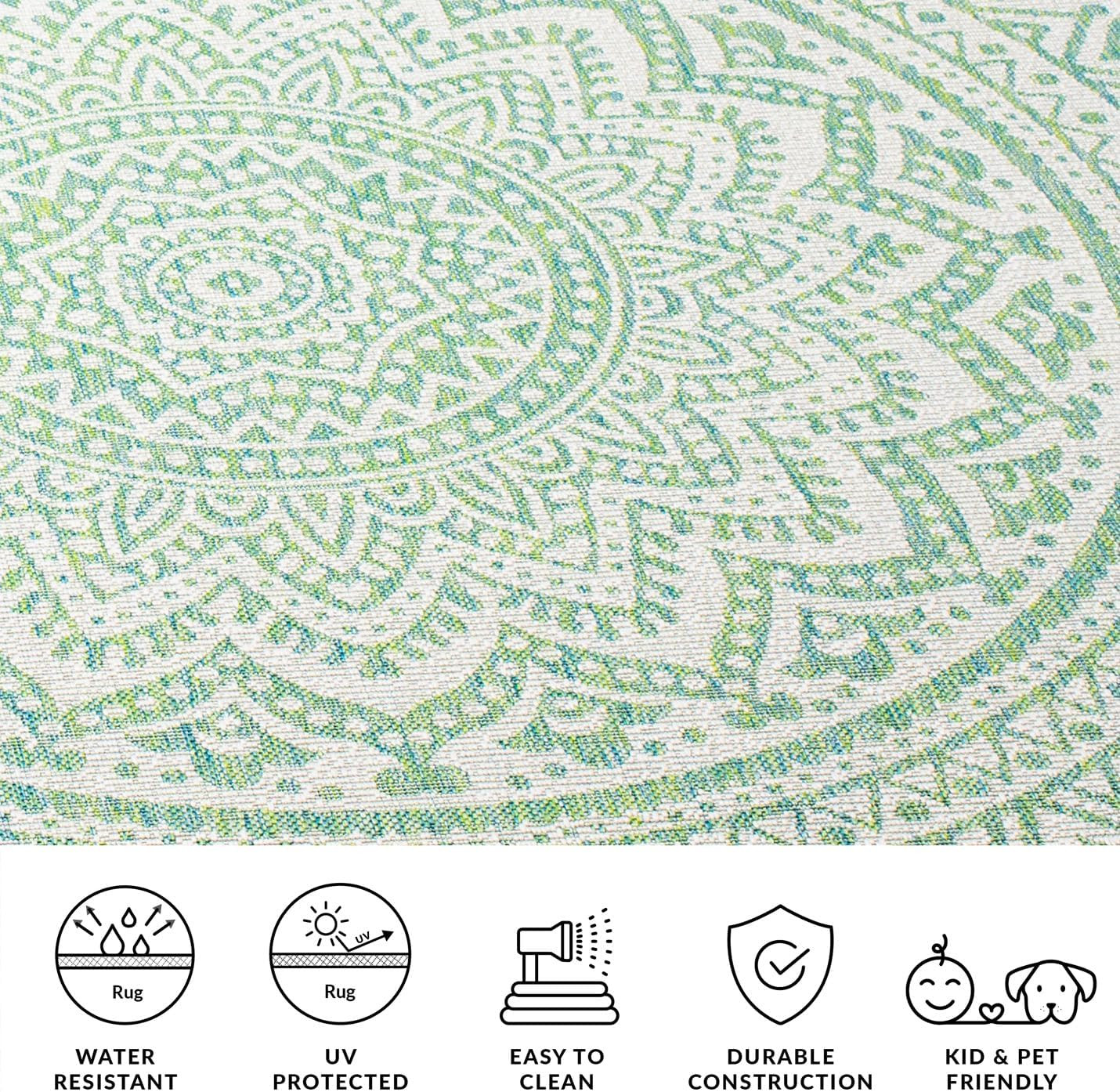 Washable Rug Outdoor Courtyard Collection – 4′ Square, Ivory & Green, Non-Sheddi