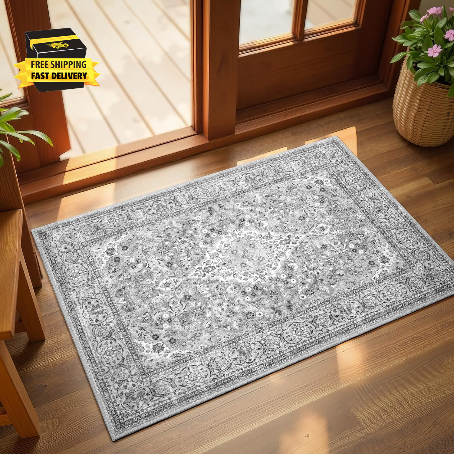 Grey Small Washable Area Rug, 2X3 Boho Vintage Entryway Rugs, Soft Non Slip Flor