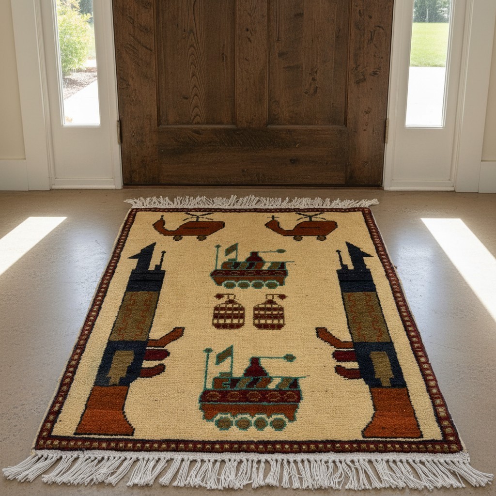2 x 2’7 Ft Rare Afghan Pictorial War Rug – Helicopter Tank Military Design Wool