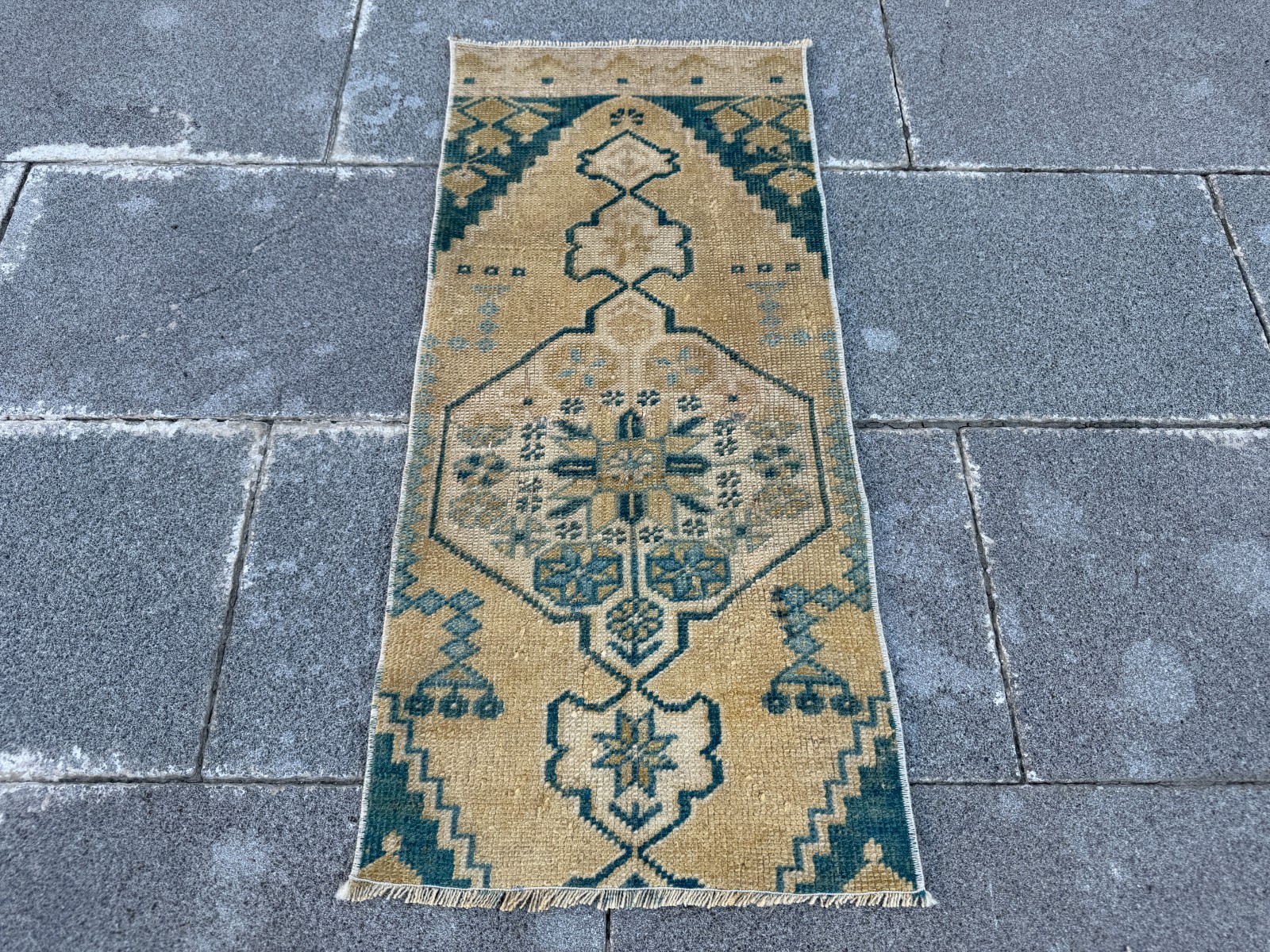 Vintage Turkish Rug 1.2×2.8 ft Beige Blue Tribal Wool Small Accent Carpet