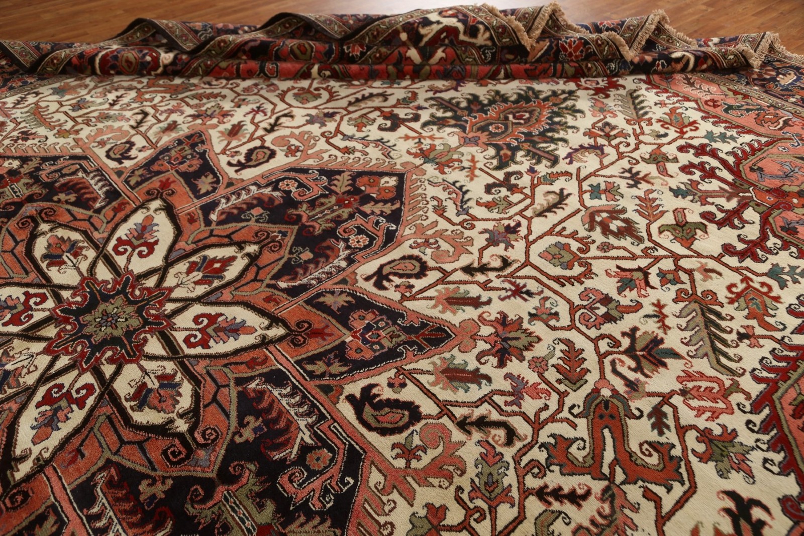 Ivory Wool Palace Size Rug 13×19 Vegetable Dye Hand-knotted Medallion Carpet