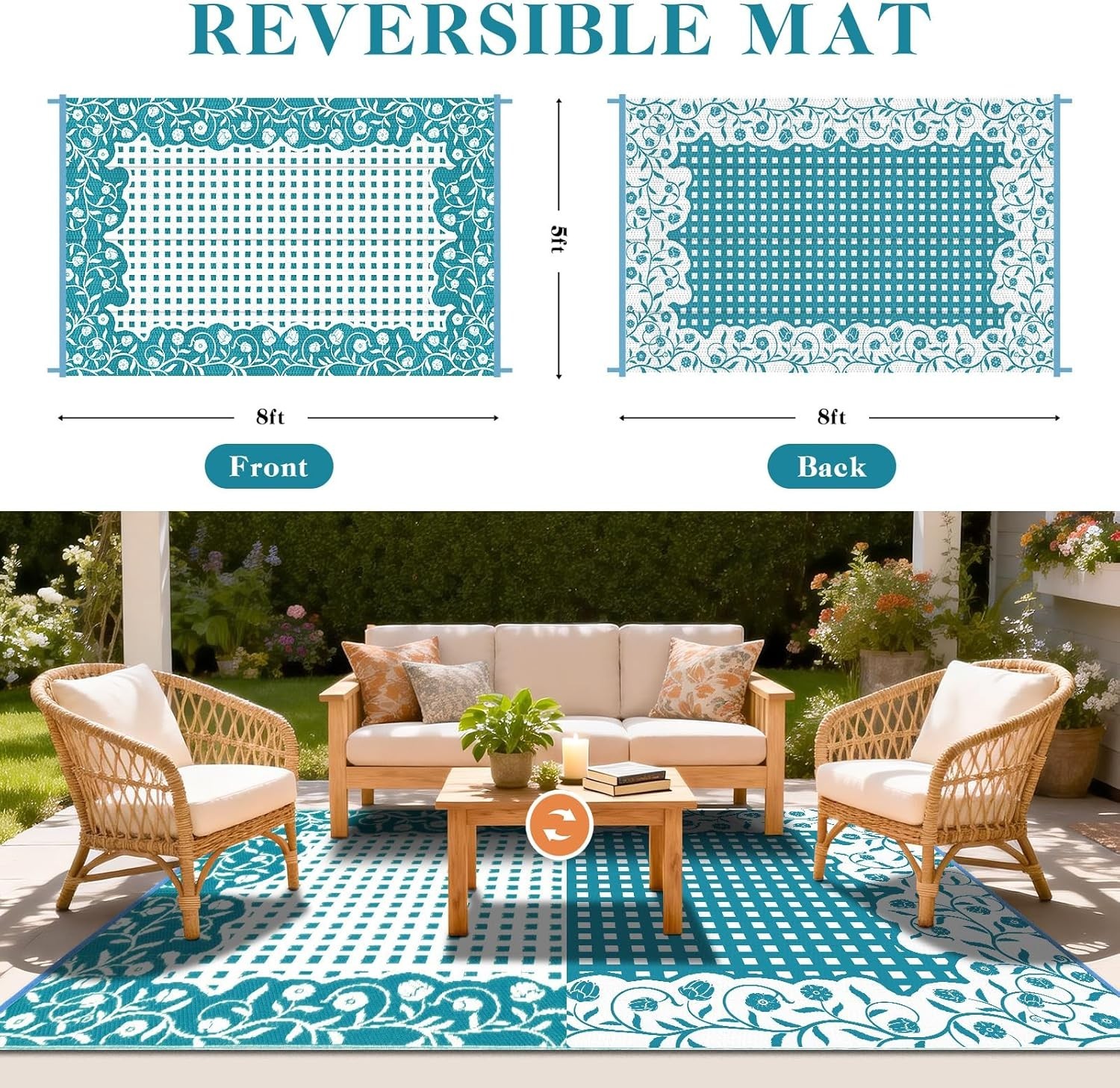 Plastic Straw Rugs 5×8 Floral Reversible Waterproof Patio Camping Picnic Carpet