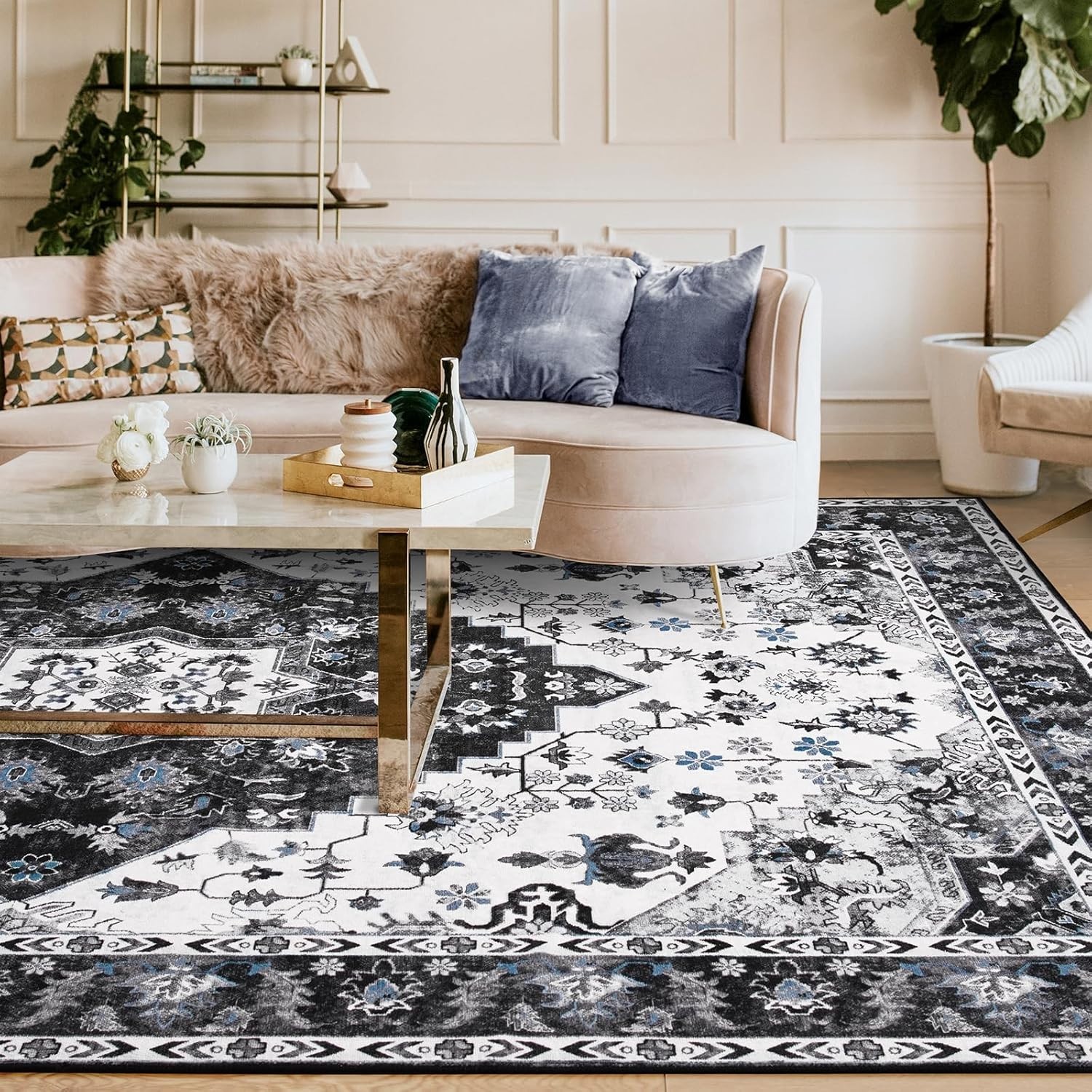 Soft & Durable Vintage Floral Rug 4×6 – Low Pile, Machine Washable Home Decor