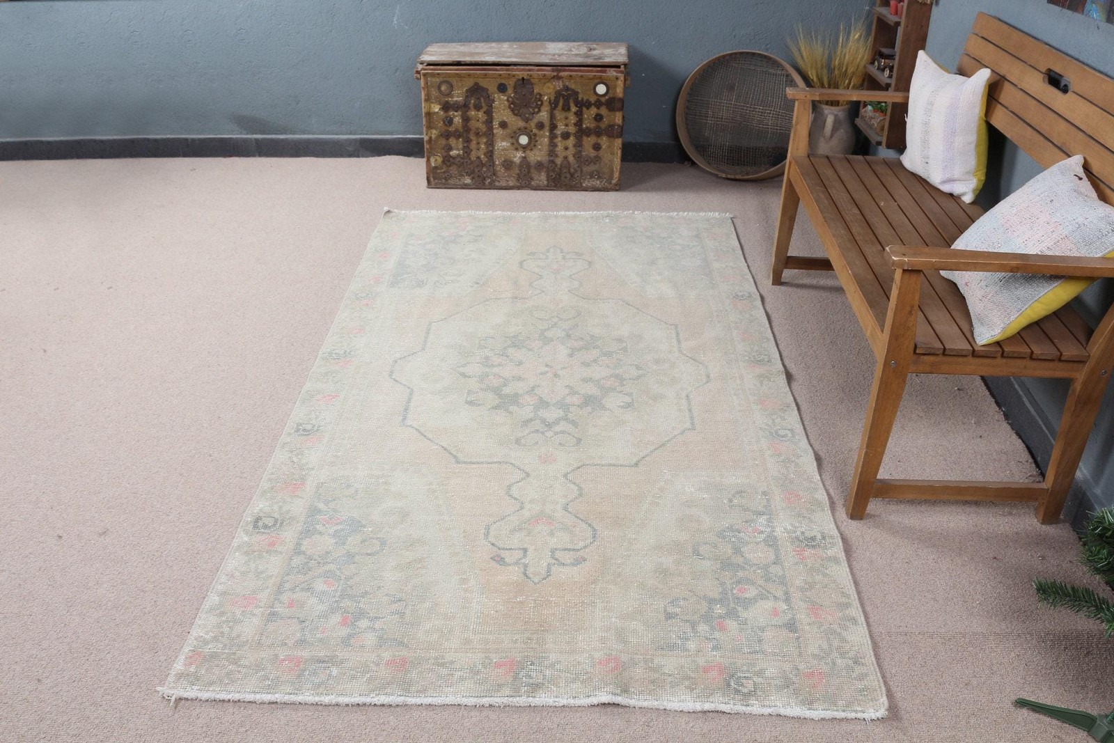4,4×7,5 ft Rug, Turkish Vintage Rug, Gray Polka dot Wool Rug
