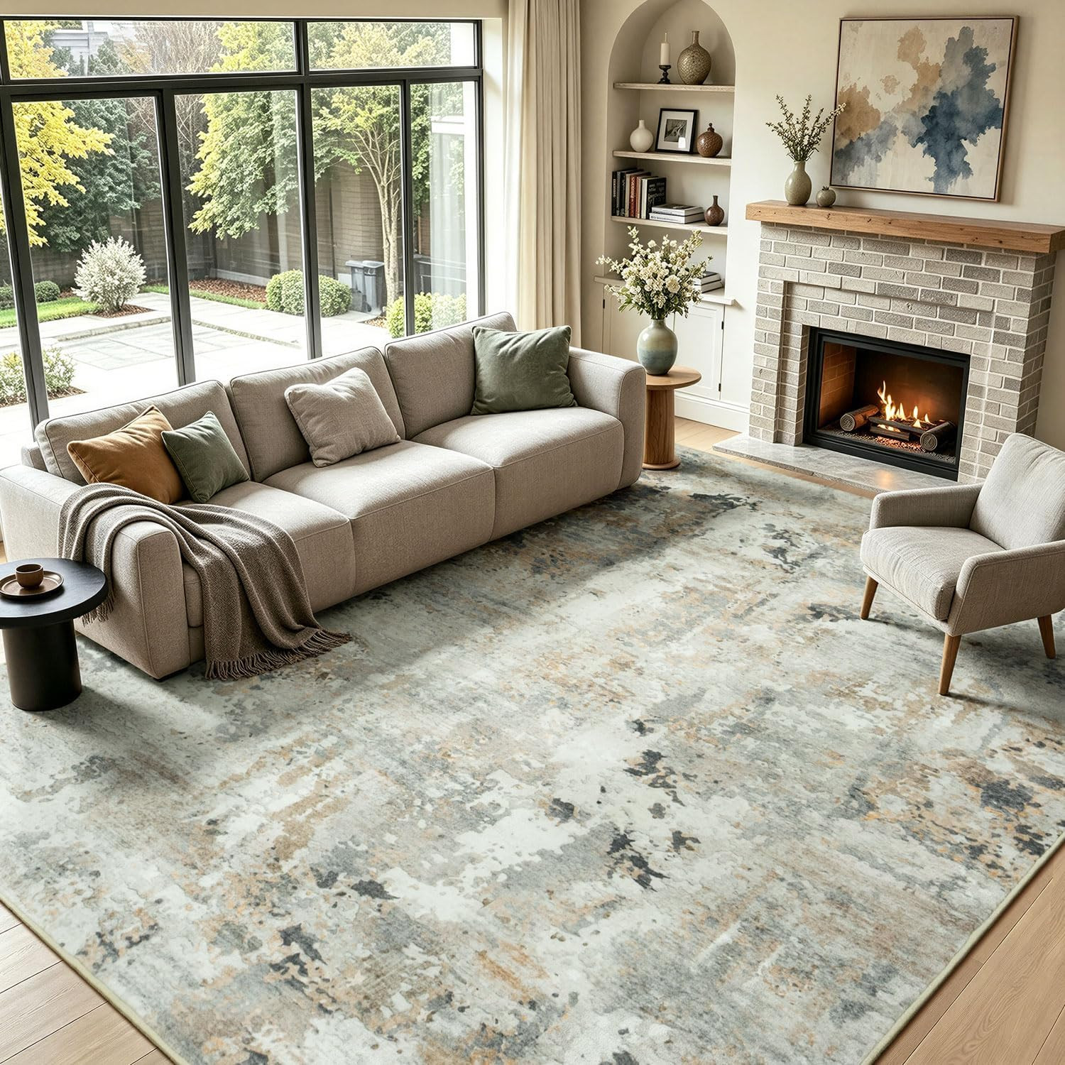 8X10 Area Rugs for Living Room, Abstract Neutral Large Washable Rug, Indoor Soft