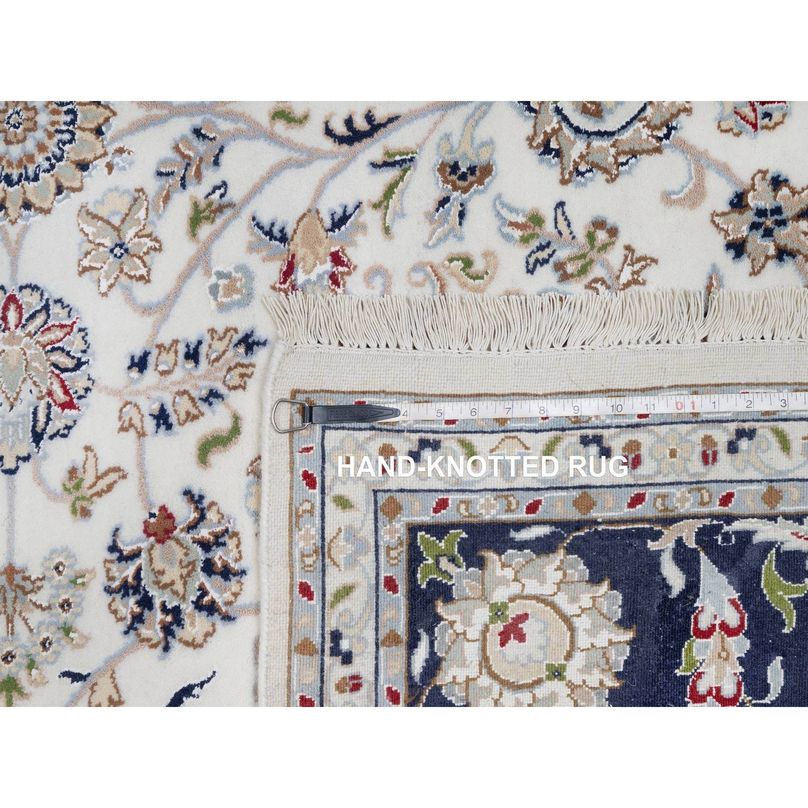 7’9″x7’9″ White Nain Flower Design Wool and Silk Hand Knotted Square Rug R91058