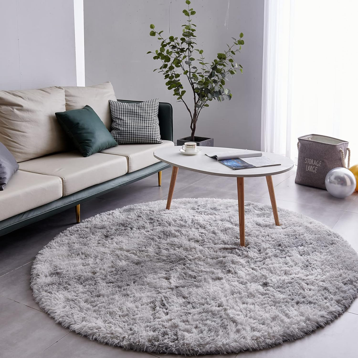 Tie-Dyed Round Rug 6×6 Fluffy Non-Slip Circle Area Rug for Bedroom Light Grey