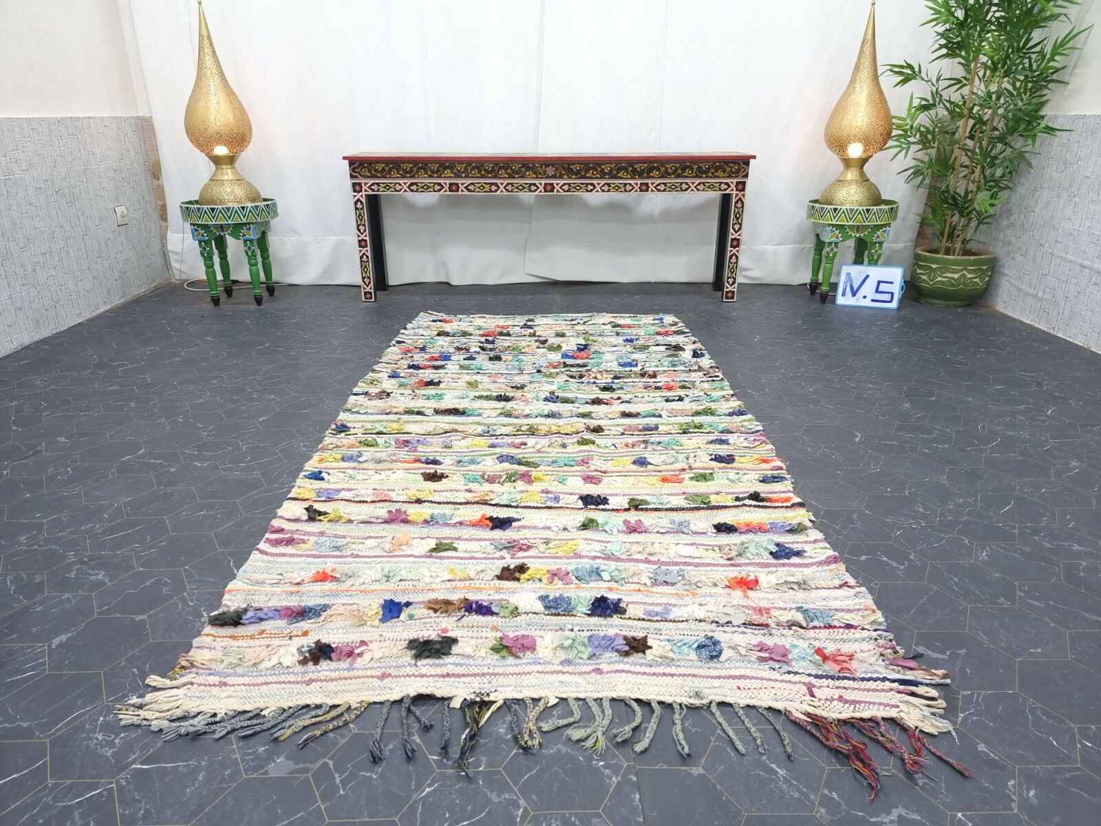 Moroccan Handmade Vintage Boucherouite 4’x7’8″ Berber Solid Green Red Cotton Rug