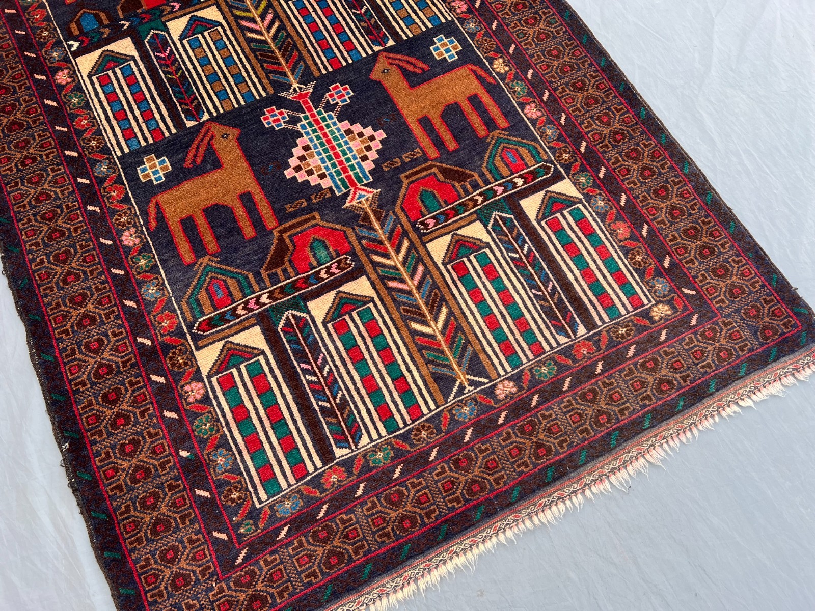 3×6 Rare Baluchi Pictorial Rug Afghan Wool Carpet Animal Village Folk Art Decor