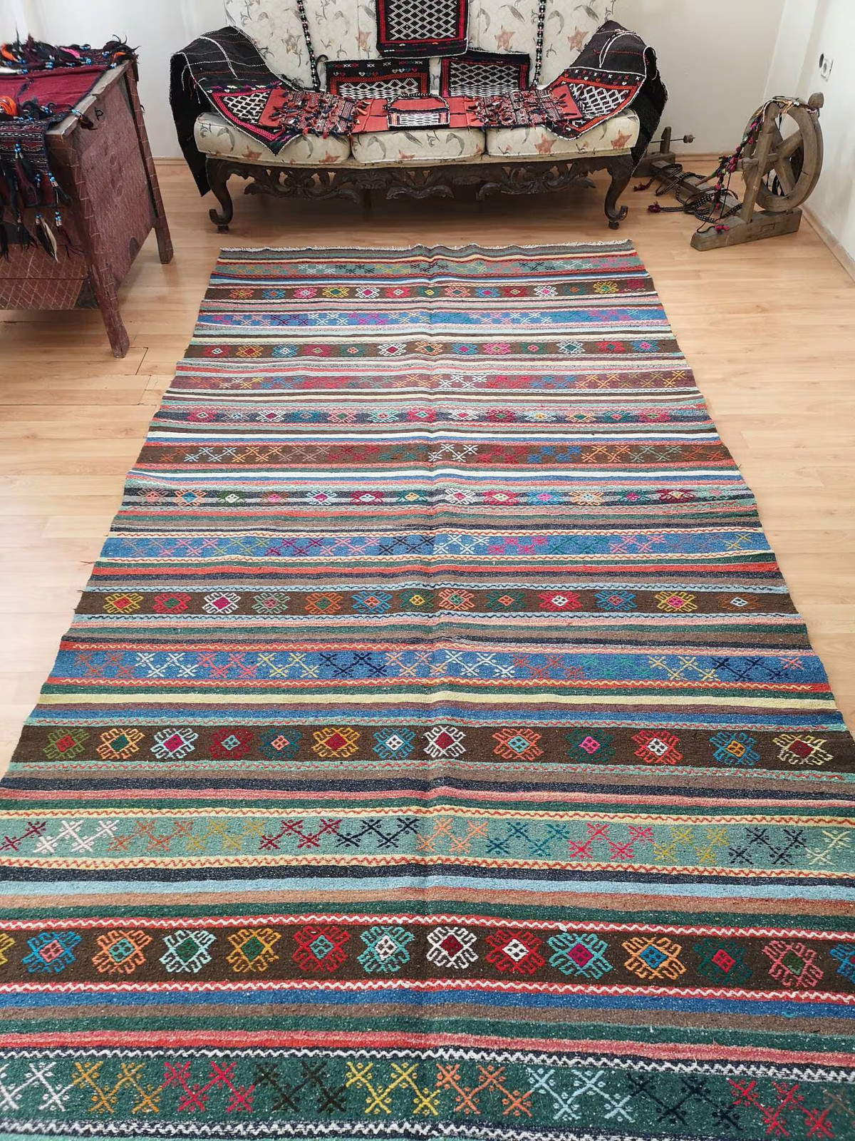 Oversized Vintage Striped Kilim Rug, Blue Ethnic Decor (5.9 x 11.6 ft)