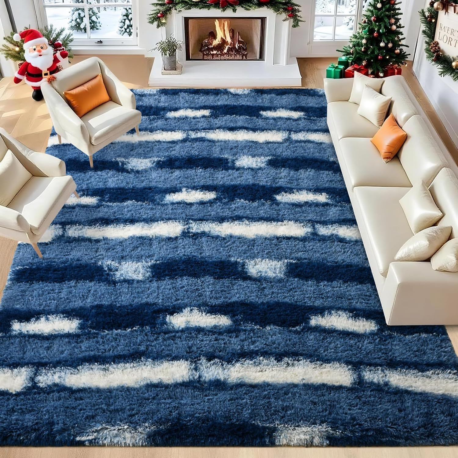 Alfombra Suave Peluda 4×6 Azul Blanco Lavable Sala Dormitorio Decoracion Hogar