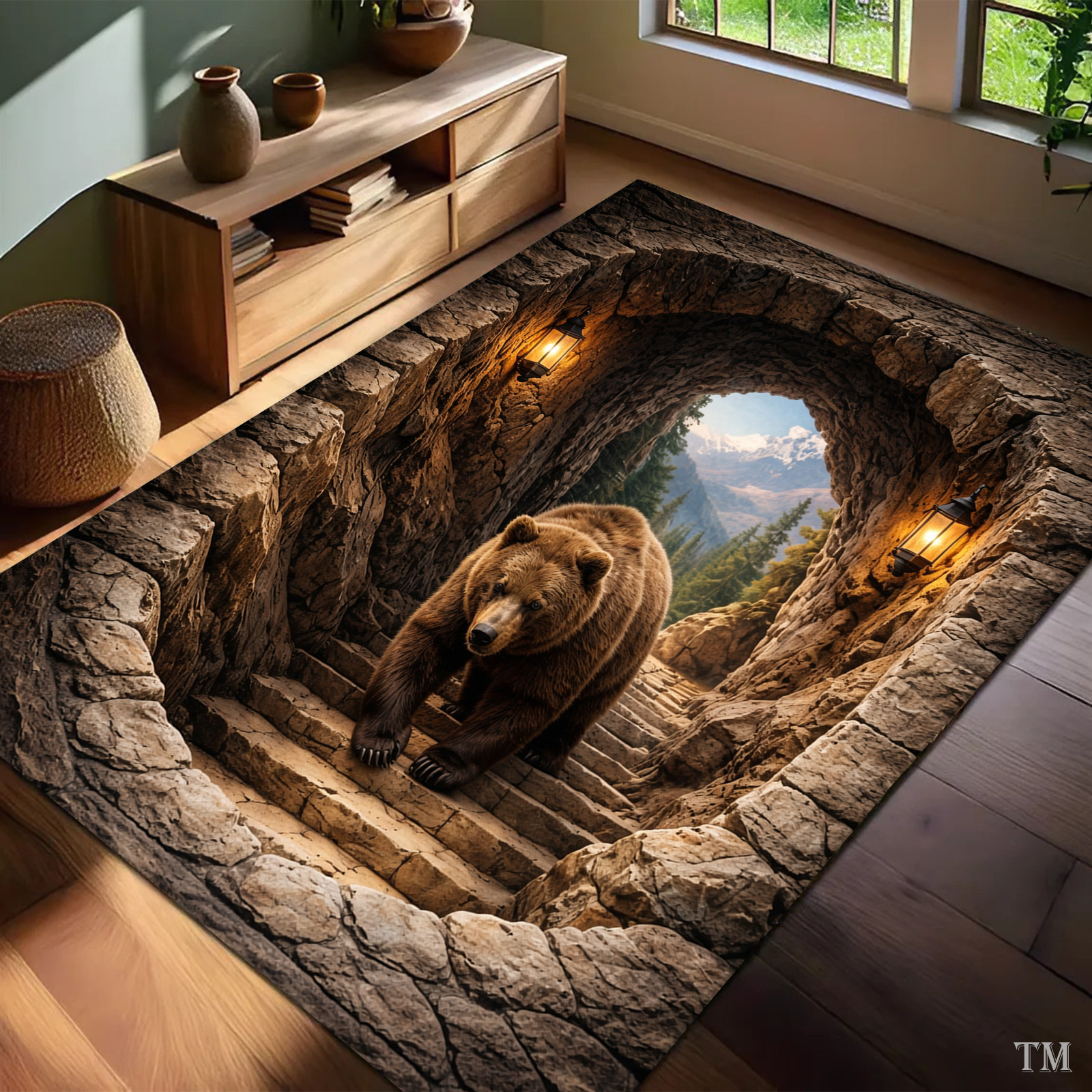 3D Bear Retro Decor Regtangle Rug, 3D Bear In Cave Wonderful Natural Rug Gift