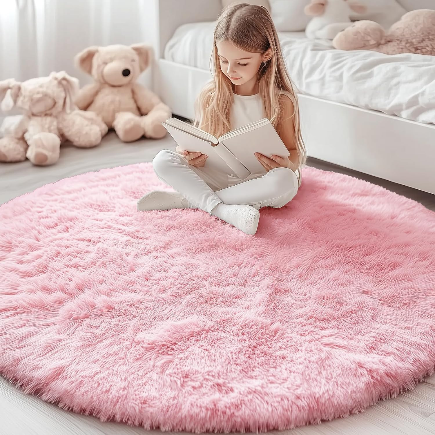 Pink Round Rugs – Machine Washable, 4X4′ Circle Area Rugs, Fluffy Shaggy Carpe