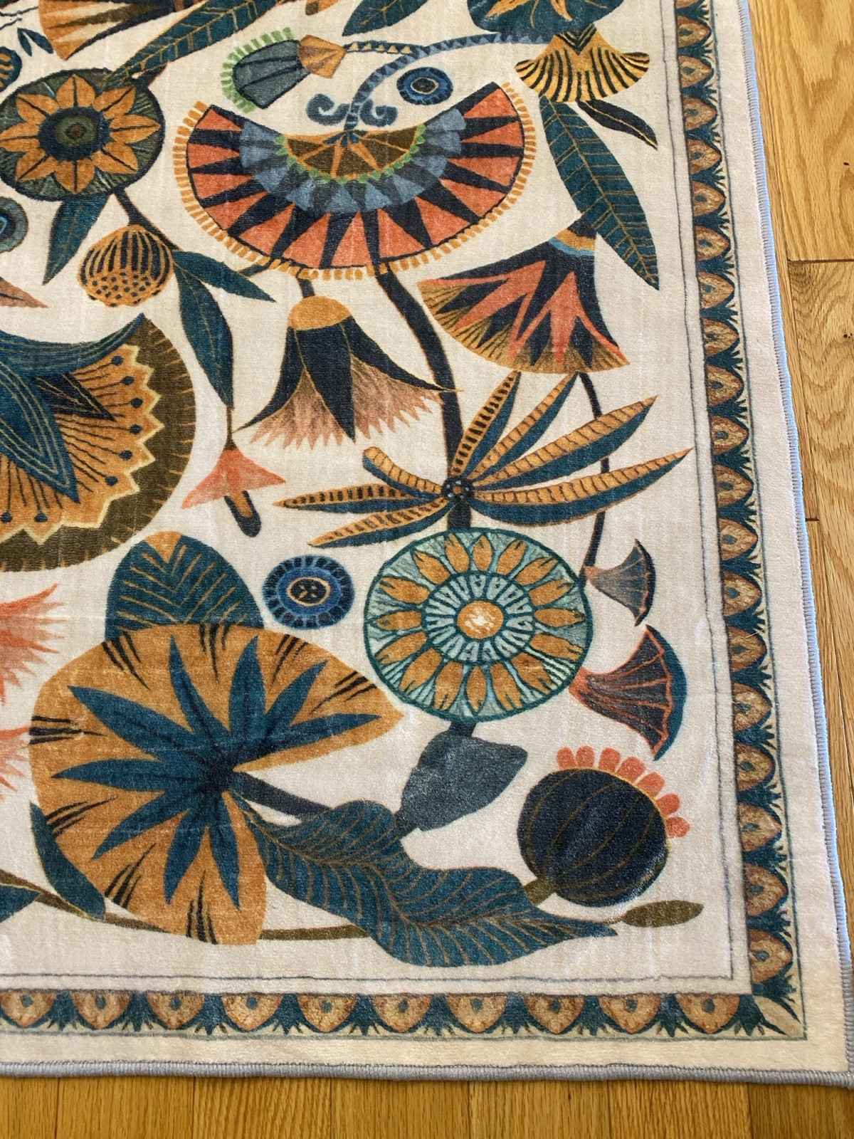 Modern Floral Hallway Rug 13’ X 2.6’ New. Cream With Teal & Orange Egypt Floral