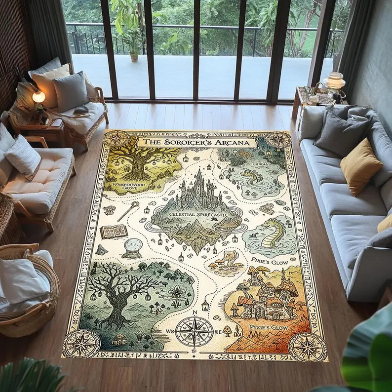 Wizard Fantasy Map Rug for Kids Room and Nursery Sorcerer Witchcraft Play Mat Ma
