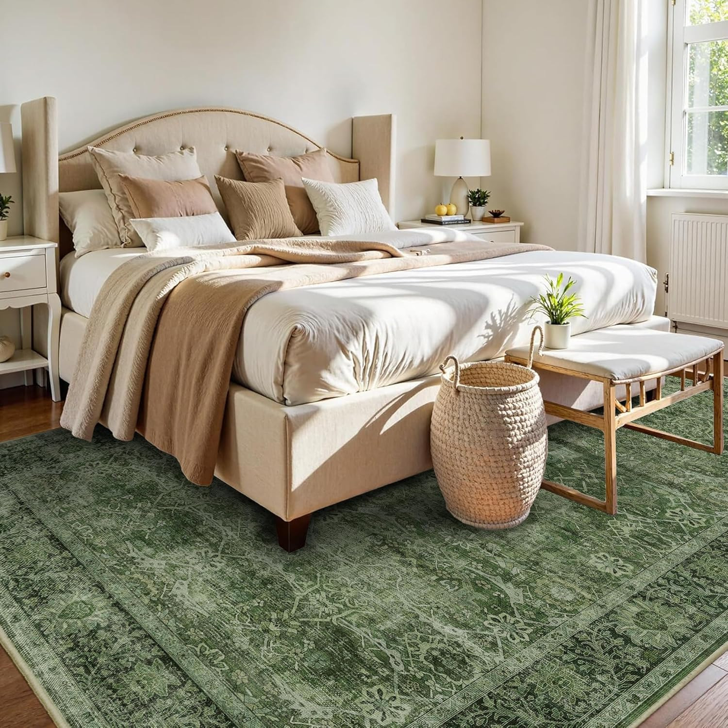6X9 Green Washable Rug for Living Room Large Vintage Distressed Bedroom Rug Low