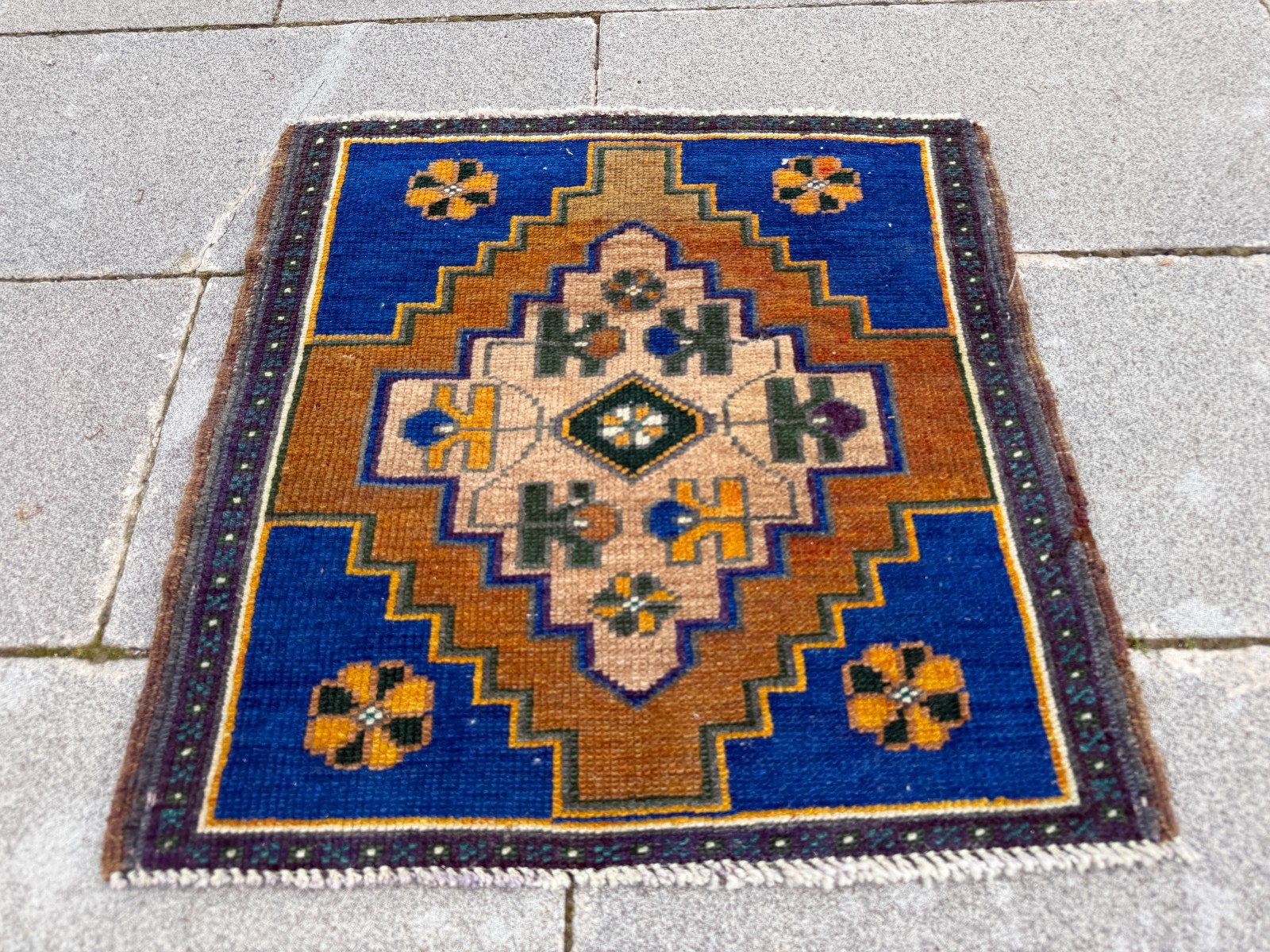Vintage Oushak Square Rug 1.9×1.9 ft Royal Blue Turkish Boho Accent Rug