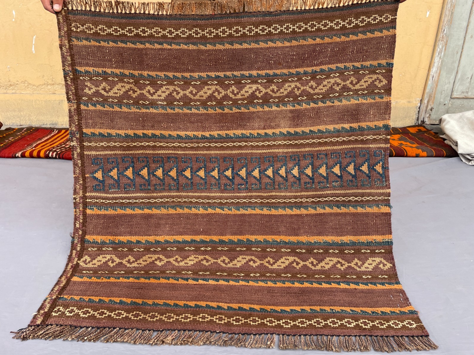 2×2 Earthy Striped Kilim Handwoven Wool Flatweave Carpet Tribal Greek Key Border