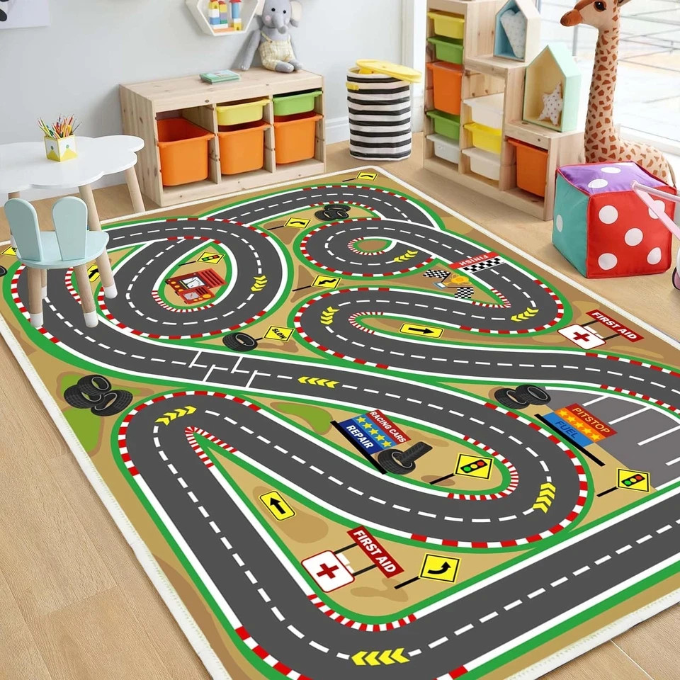 Kids Rug Race Track Play mat Playroom Car Rugs for 2.6×3.9ft, Race-green
