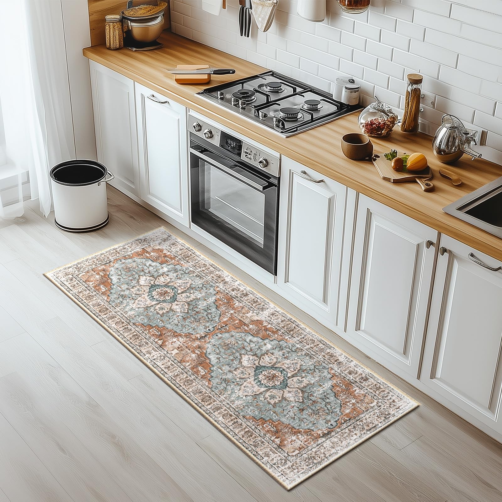 BESTSWEETIE Washable 2×6 Area Rug for Living Room, No Pile Boho Floral Carpet