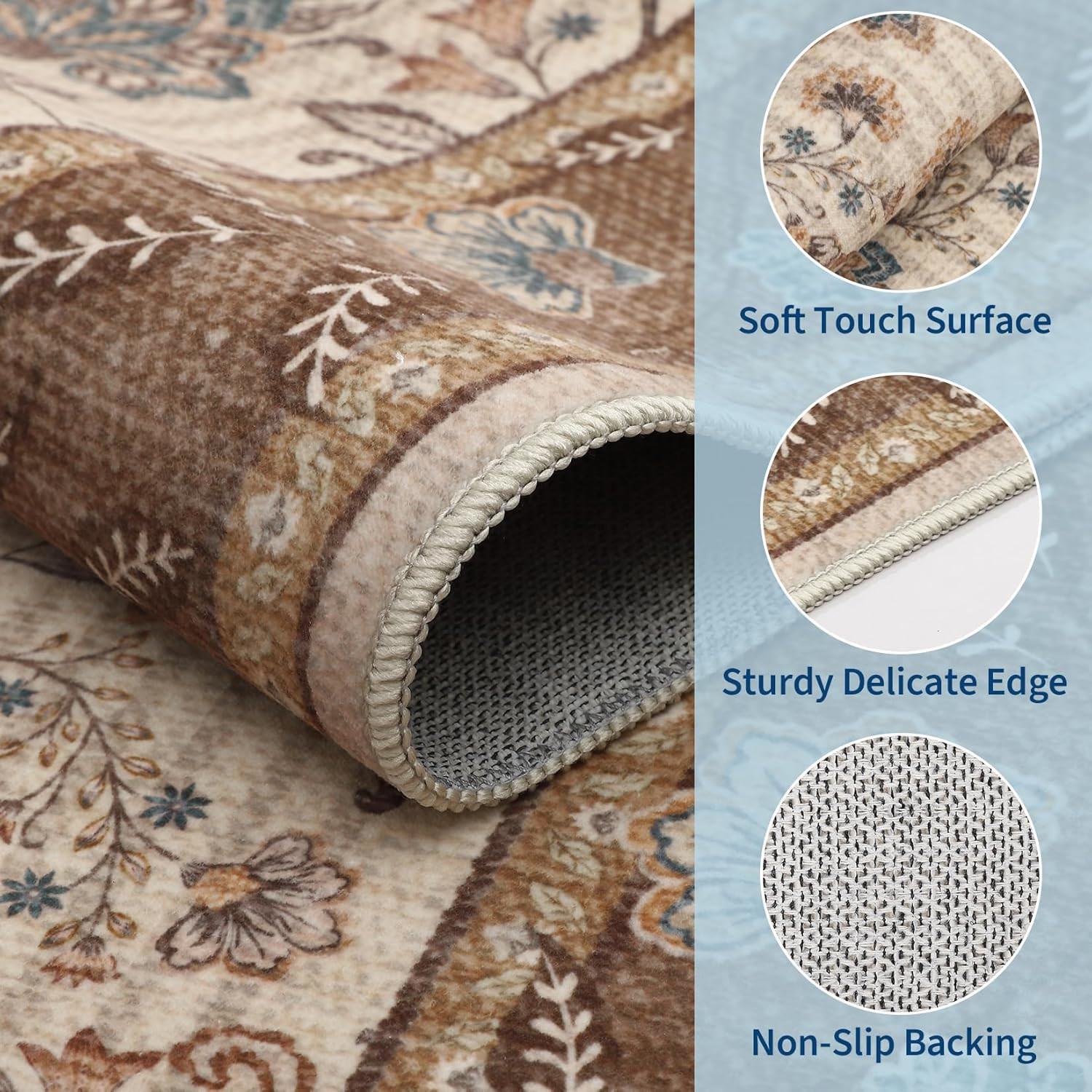 Large 8×10 Brown Washable Area Rug for Living Room & Bedroom Decor