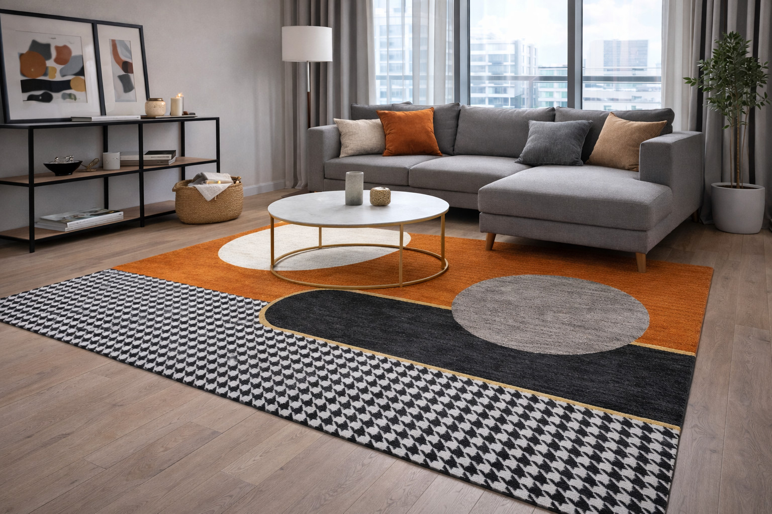 Modern Geometric Area Rug Orange Black Cream 5’3″x7’7″ Non-Slip Indoor
