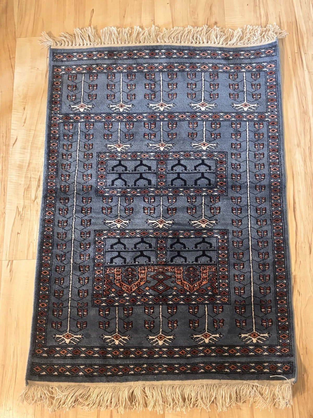 Hand Knotted Wool Area Rug Bokhara Blue Grey 2×3 Fringe Parda Style Traditional
