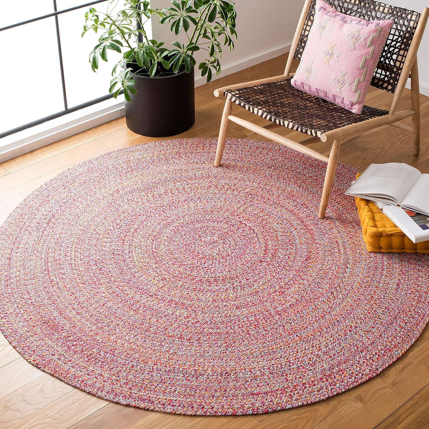 Braided Round Area Rug – 6′ Pink & Yellow Cotton, Easy Care for High Traffic