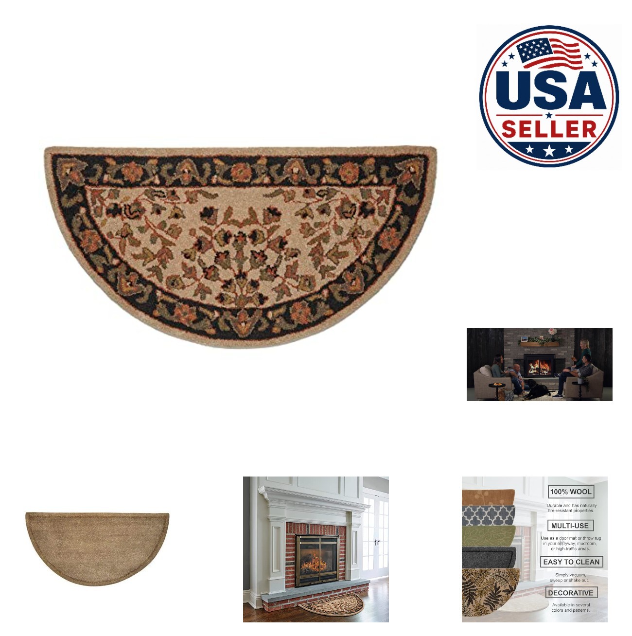 Hearth Rug Wool 44 Inch 22 Inch Beige Black Tufted Fireplace Floor Protector