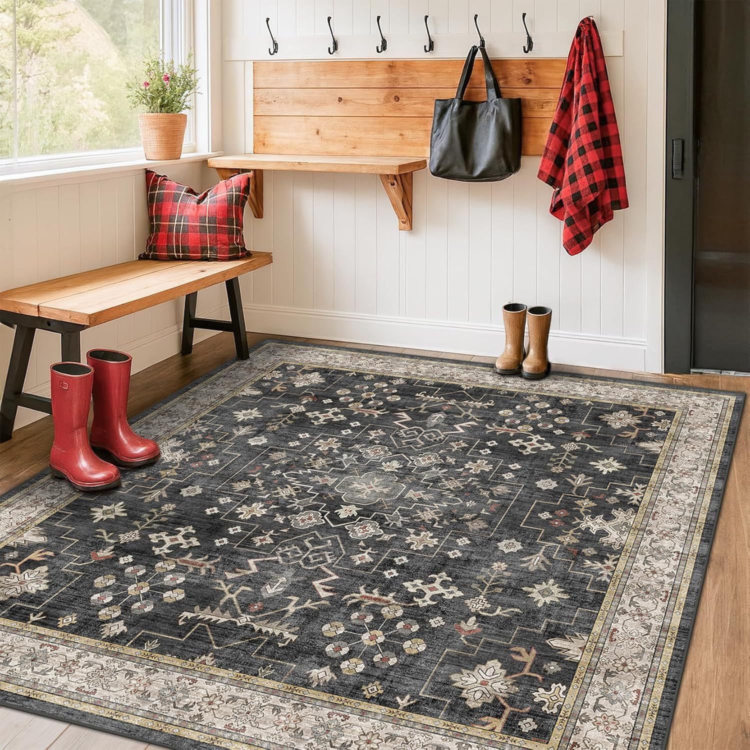 Vintage Black Floral 6X6 Washable Area Rug for Living Room & Reading Corner