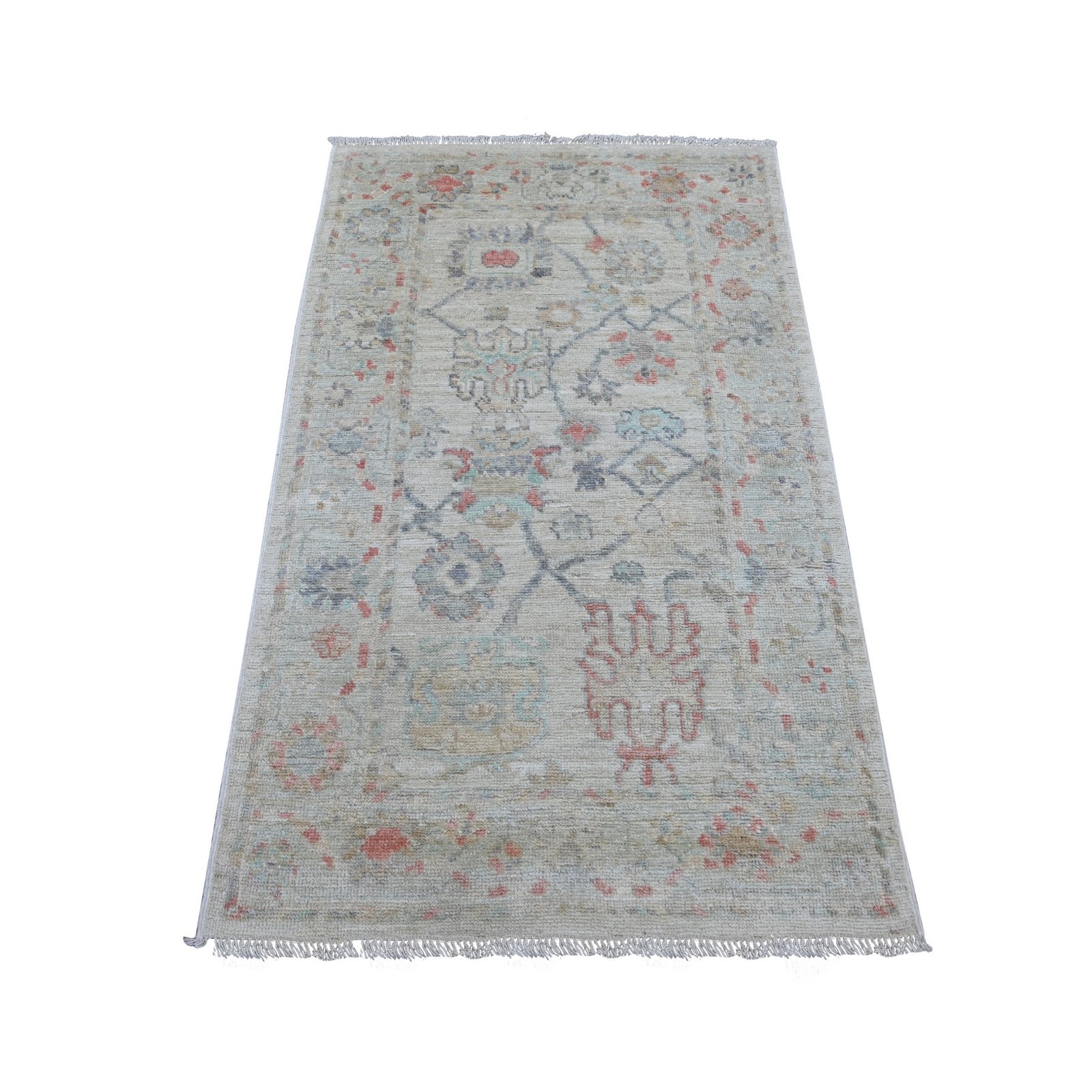 3’1″x5′ Light Gray Afghan Angora Oushak Leaf Design Hand Knotted Wool Rug 22757